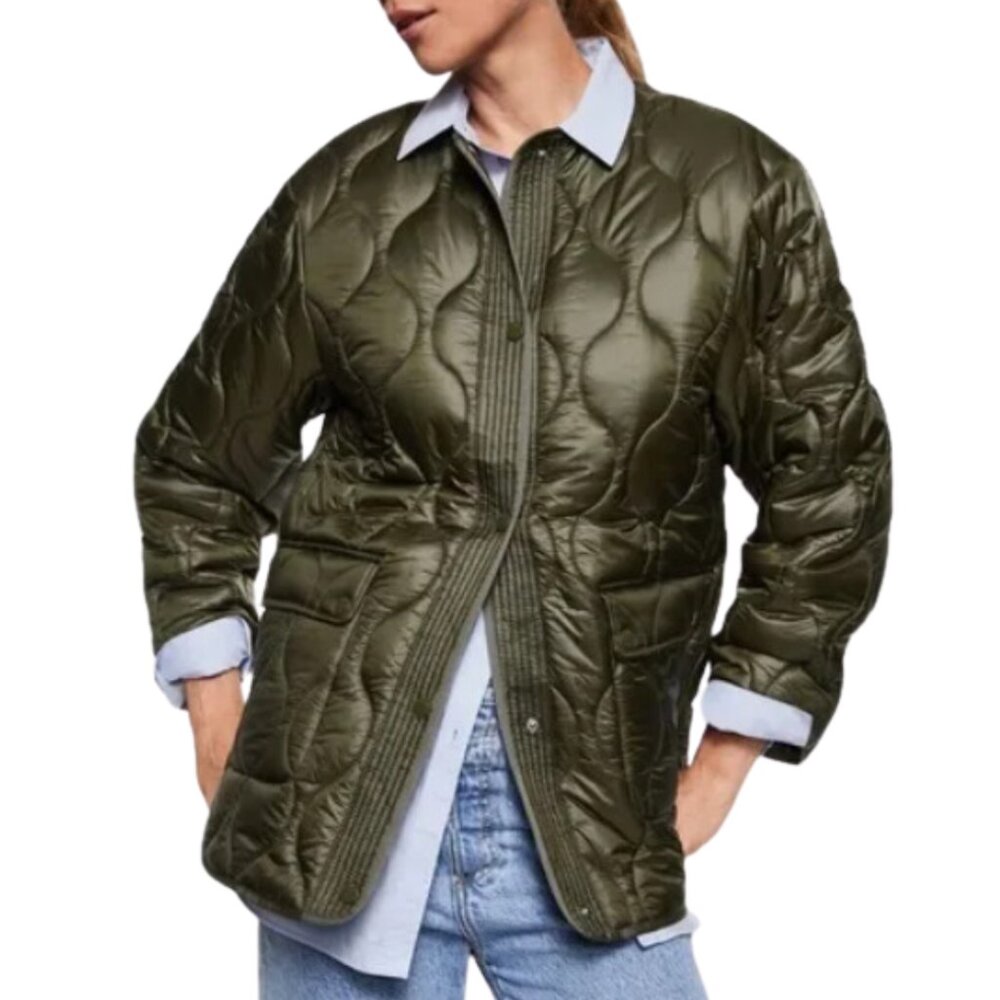 Mango MNG quilted liner shacket coat jacket army green XS